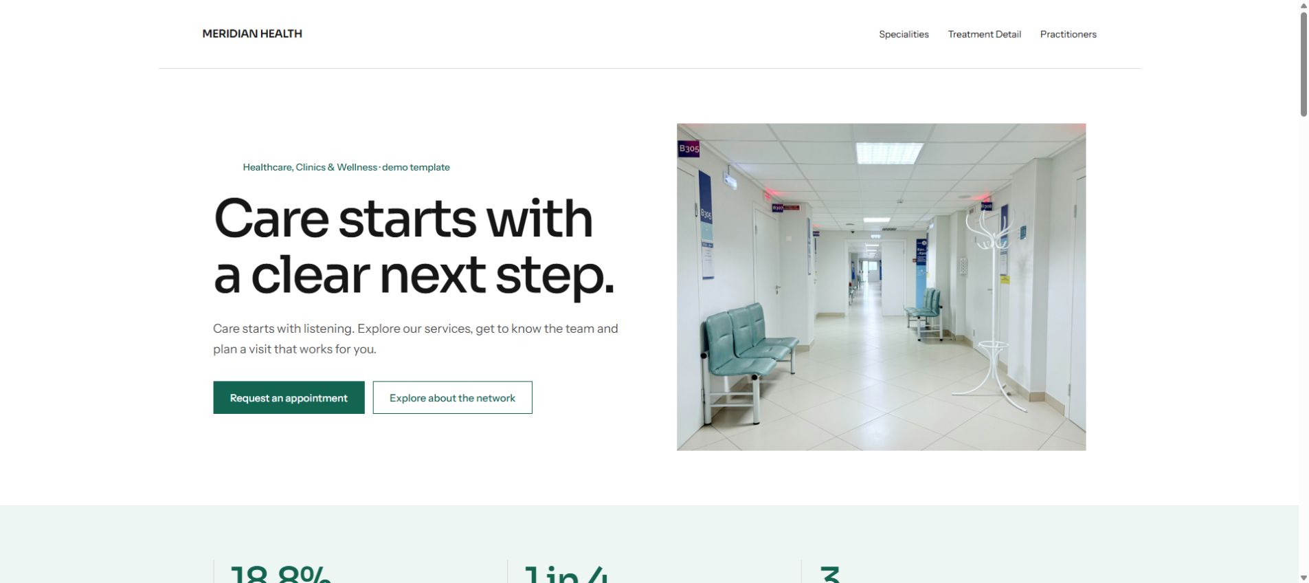 Rendered home page of the MERIDIAN HEALTH template