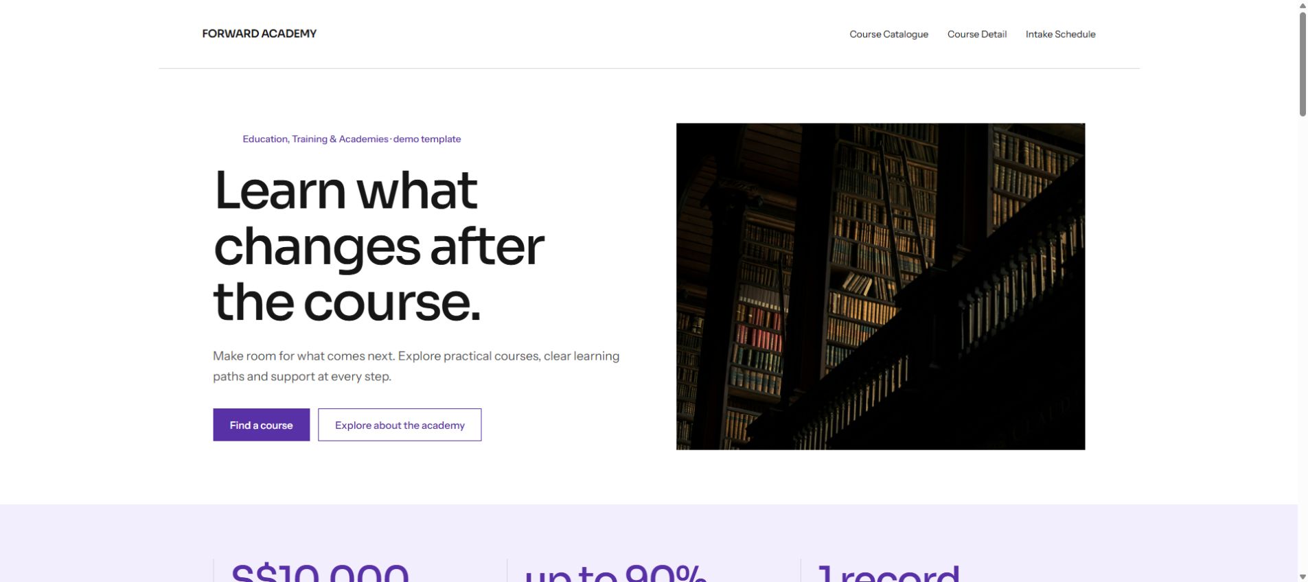Rendered home page of the FORWARD ACADEMY template