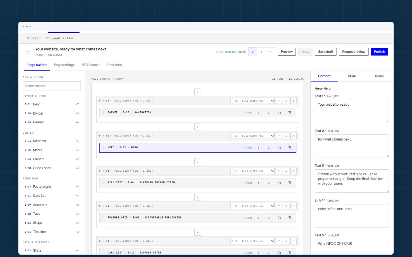 INFOC ONE CMS block editor with a page layout, block library and editable hero content