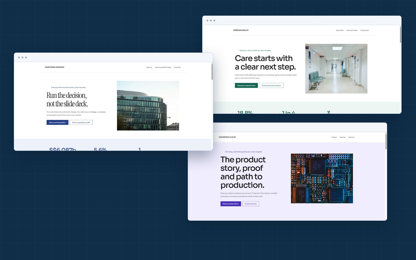 Professional services, healthcare and technology website template previews available in INFOC ONE CMS