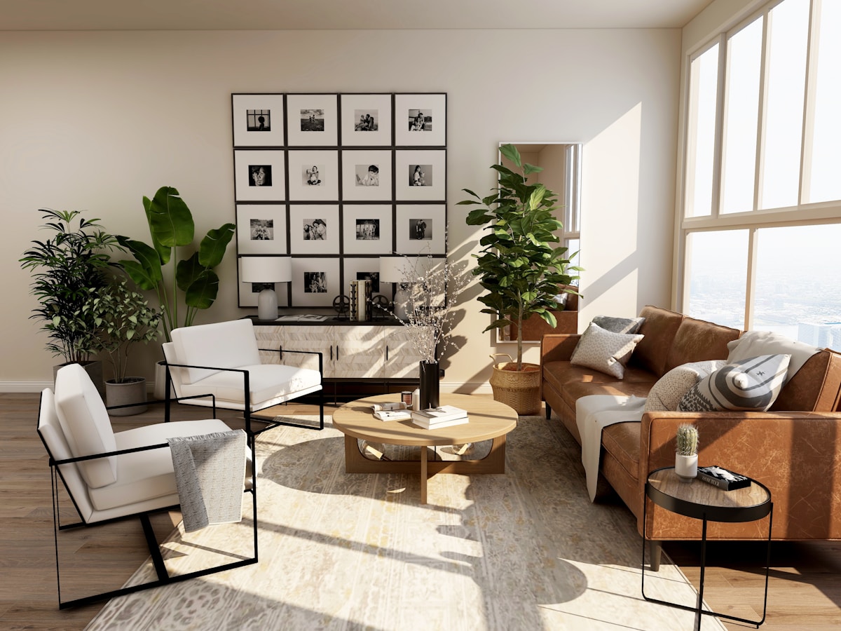 A sunlit living room with natural materials and warm textures